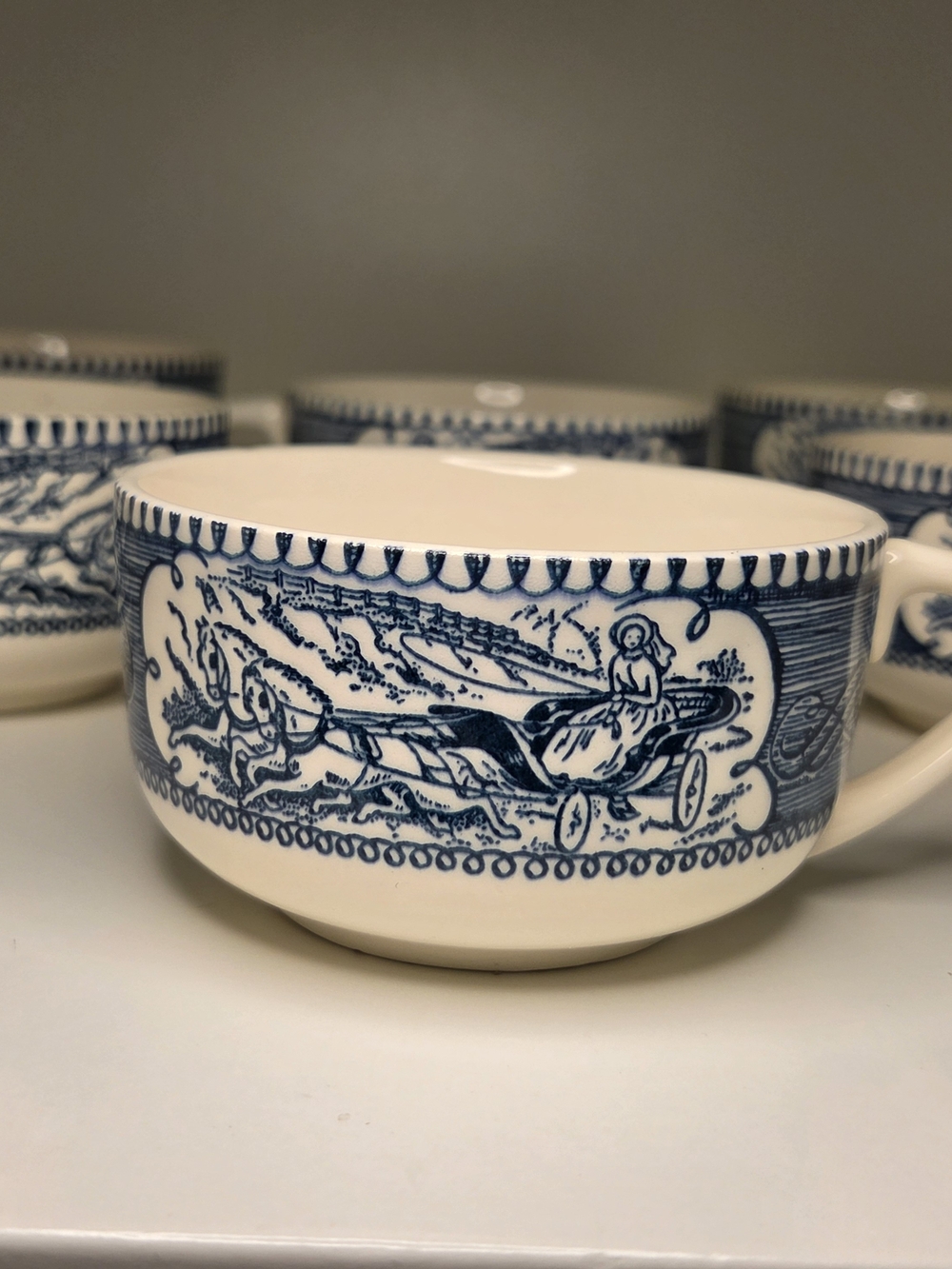 12pc Vintage Royal China Currier & Ives Blue Star of the Road Coffee Cup Set